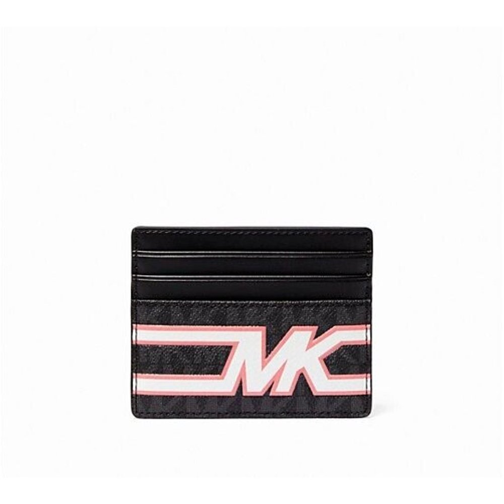 New Michael Kors Cooper Tall Card Case Coated Canvas Black / Pink Multi